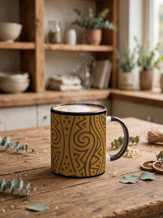 Echoes of Home Coffee Cup | Deep Ochre Geometric Pattern Mug