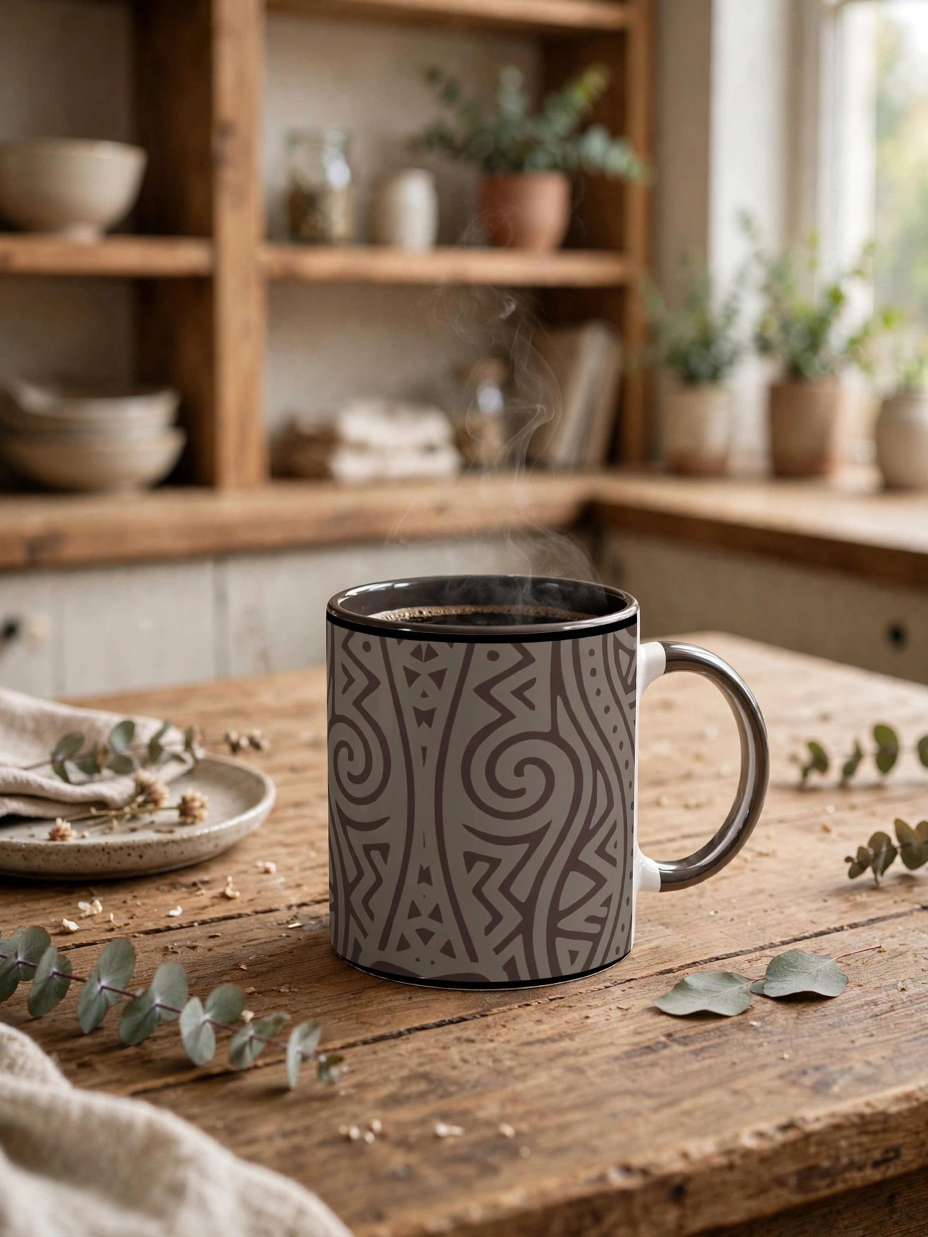 Echoes of Home Coffee Cup | Charcoal Geometric Pattern Mug
