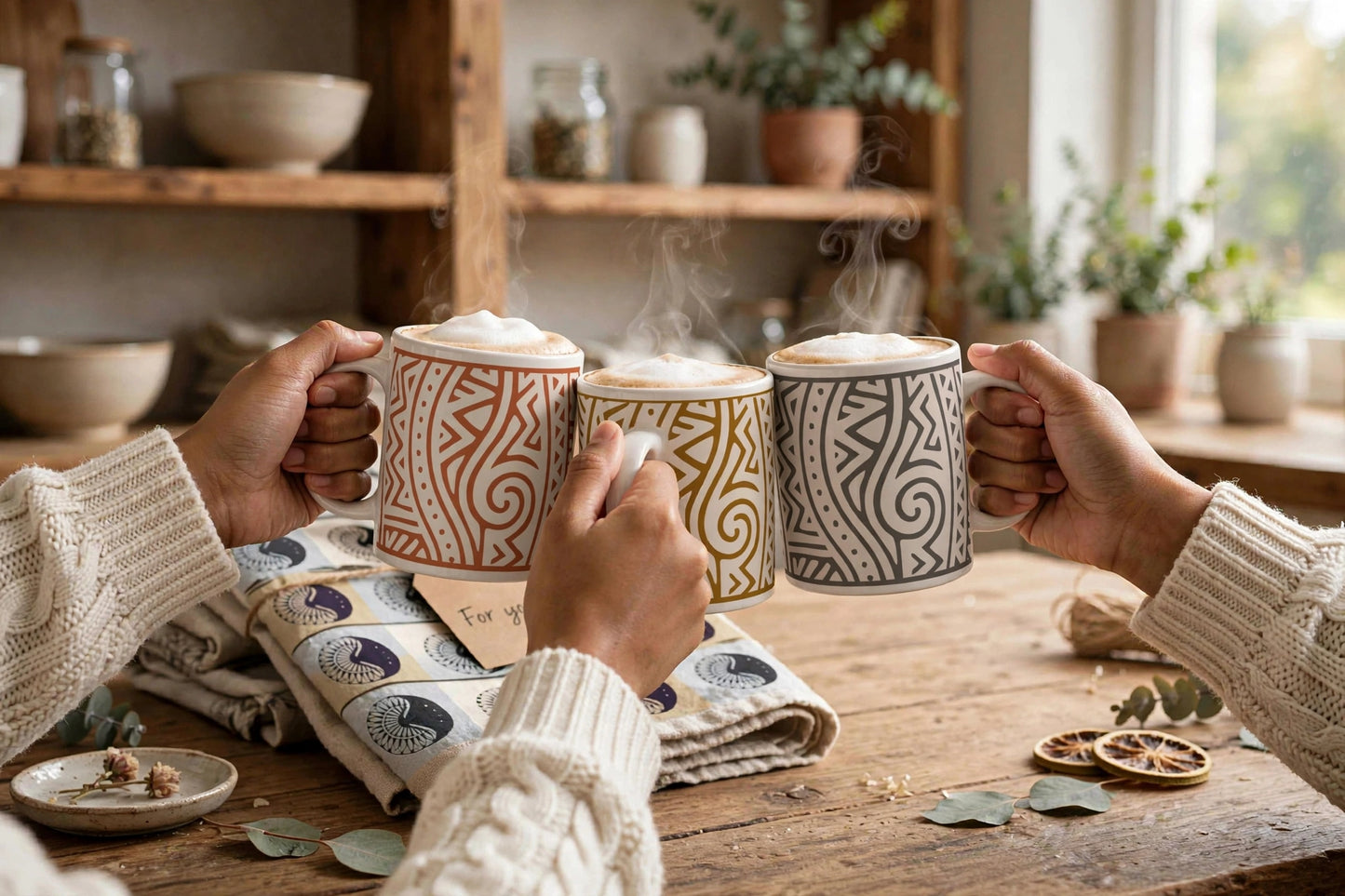 Echoes of Home Mug | Golden Ochre Geometric Pattern Coffee Cup