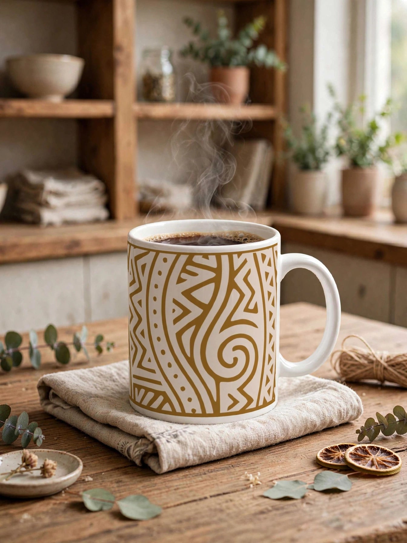 Echoes of Home Mug | Golden Ochre Geometric Pattern Coffee Cup