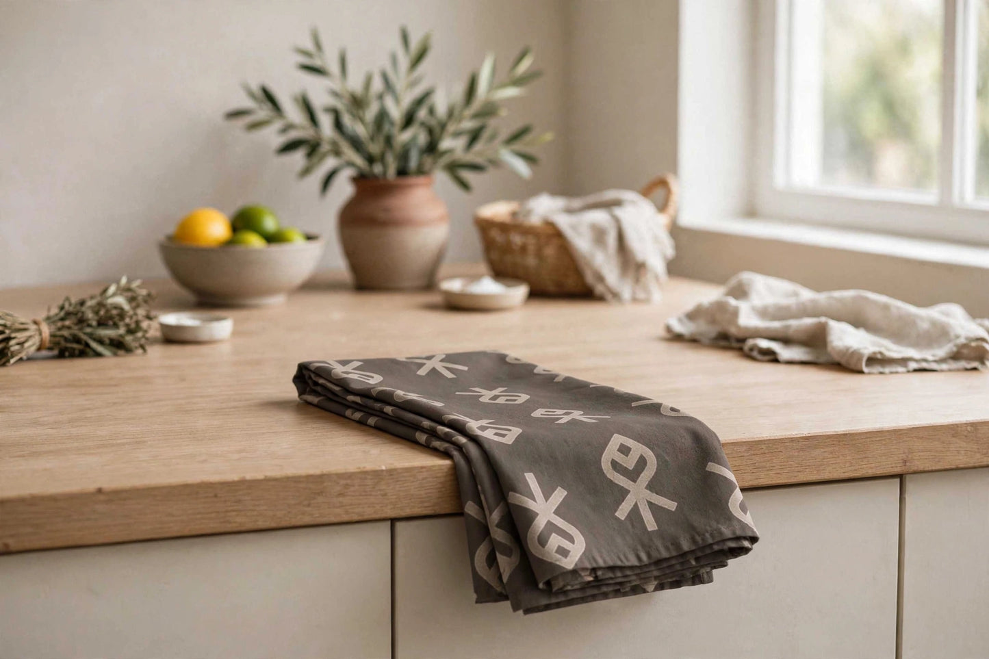 Taupe Geometric Rhythm Tea Towel | Symbols That Speak Kitchen Towel