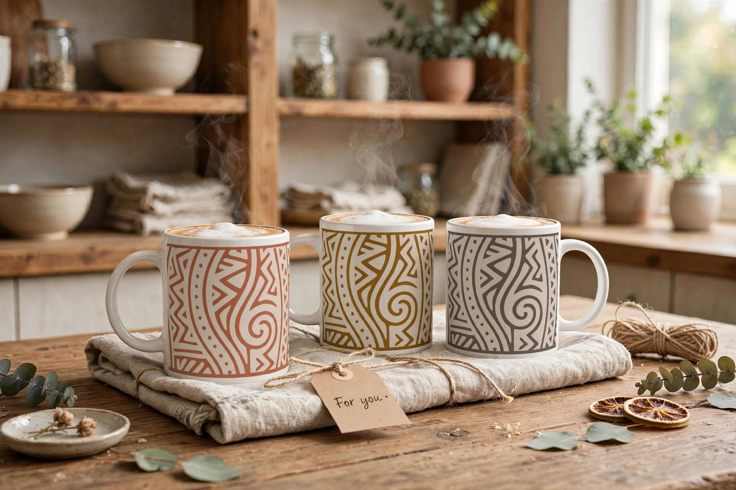 Echoes of Home Mug | Golden Ochre Geometric Pattern Coffee Cup