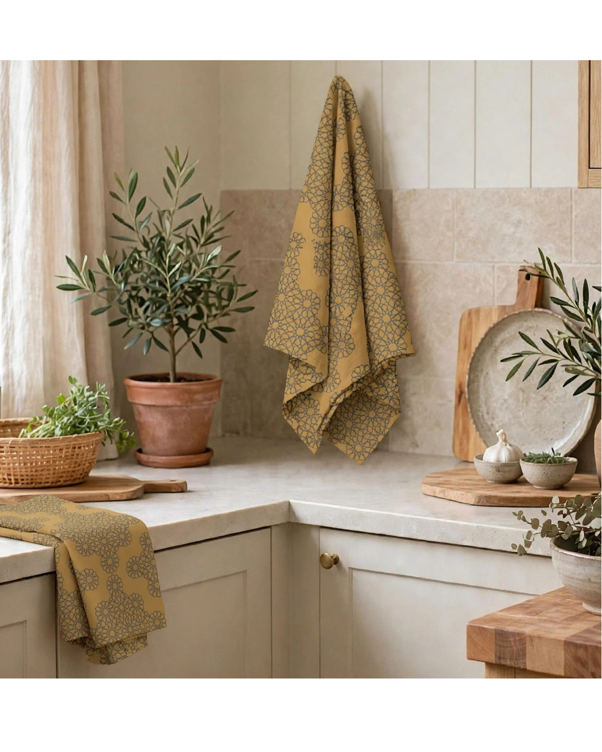 Threads of Heritage Tea Towel | Warm Ochre Lattice Kitchen Towel