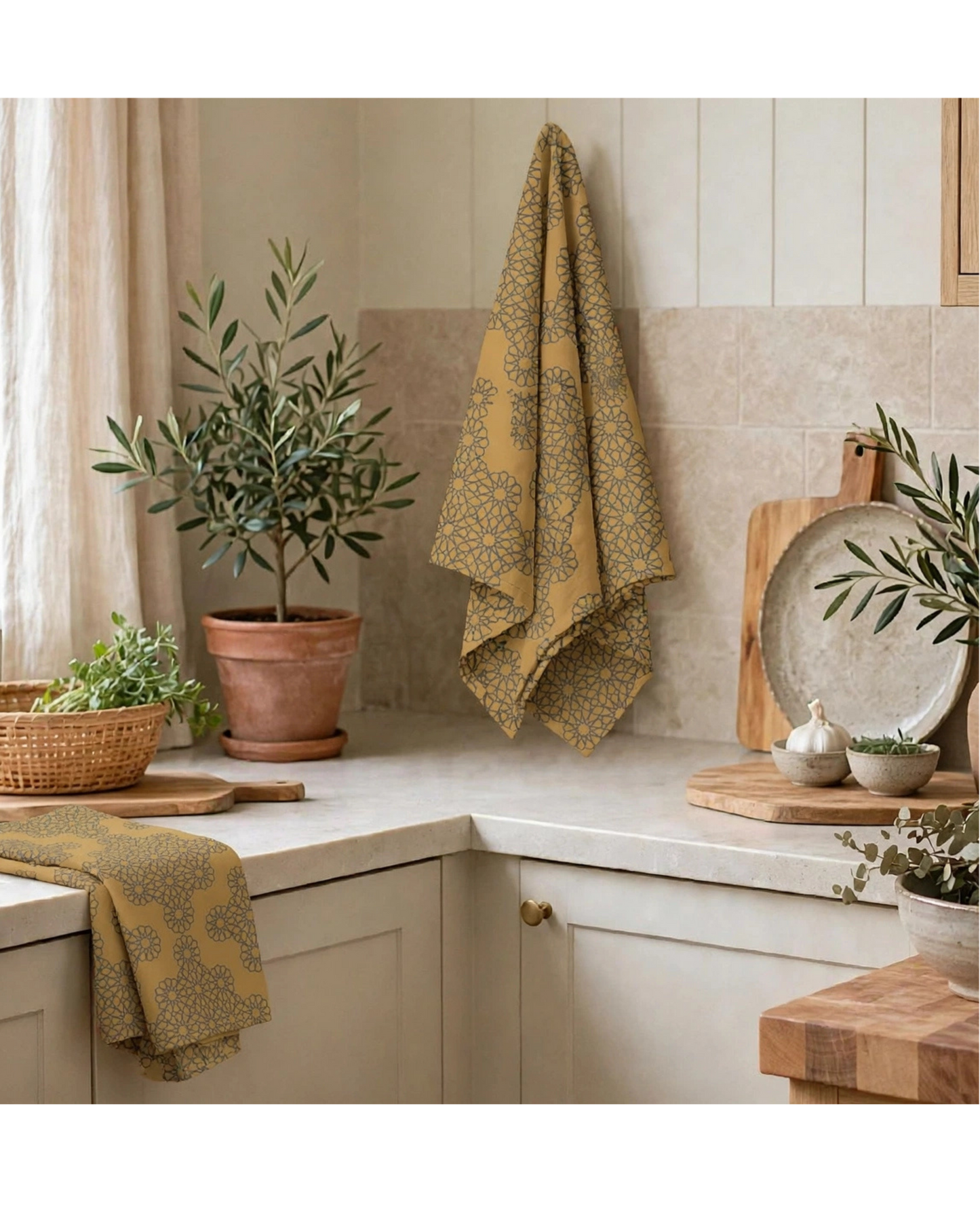 Threads of Heritage Tea Towel | Warm Ochre Lattice Kitchen Towel